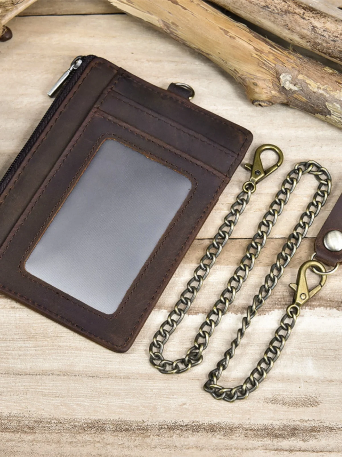 Ultra-Thin Crazy  Leather Coin Purse with Metal Chain Anti-Theft Zipper Bullhide Genuine Leather Card Holder Leather Case