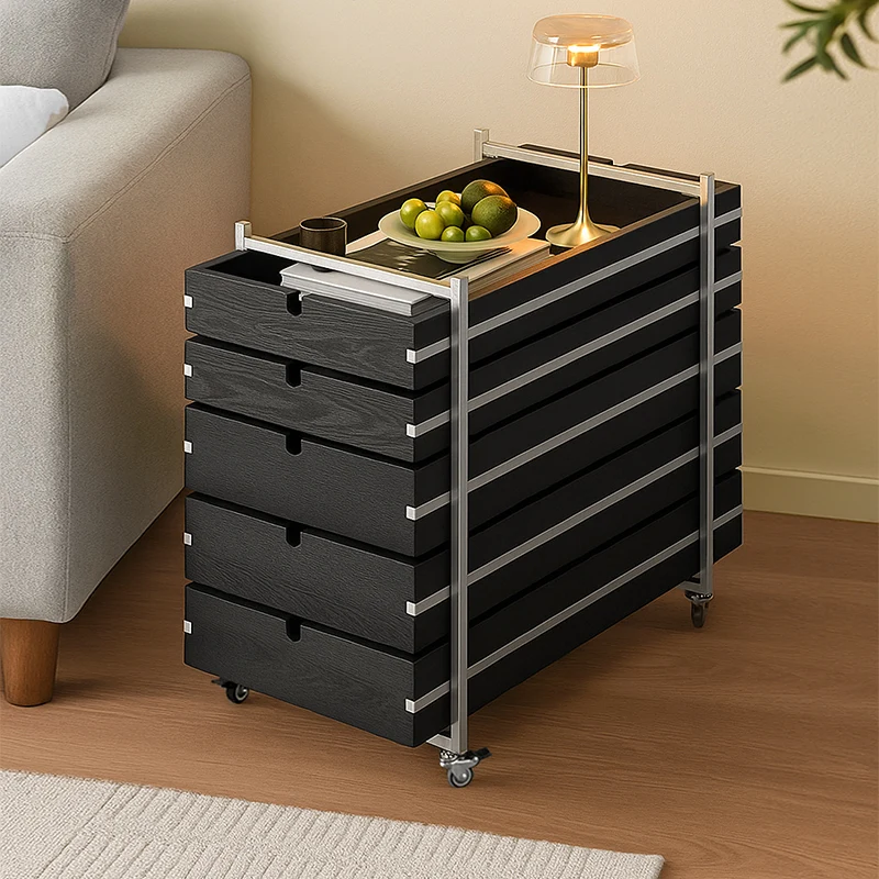 Psy medieval style edge few stainless steel black solid wood light luxury premium wheel movable home sofa trolley side cabinet