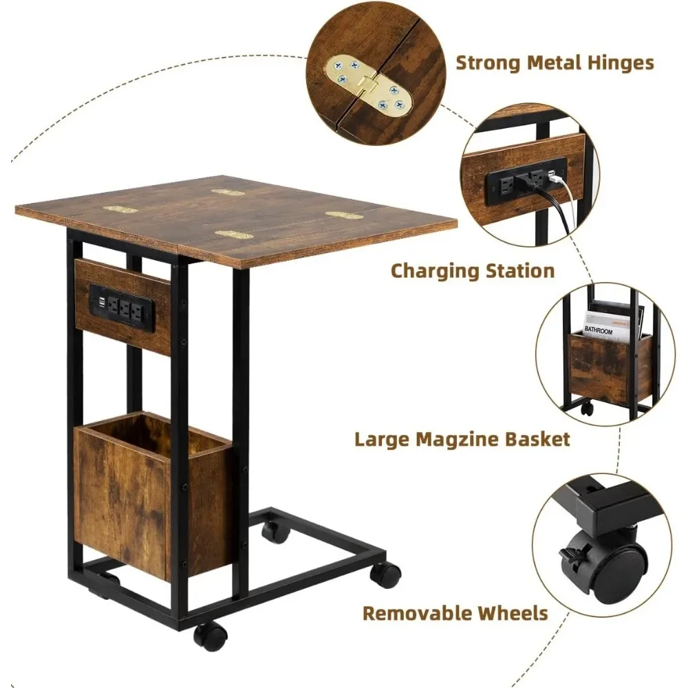 طاولة جانبية مع محطة شحن، طاولات C قابلة للطي، طاولات صينية دوارة، صواني تلفزيون، طاولة فوق السرير على شكل C #6