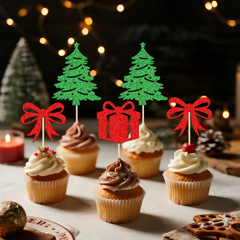 YOMDID 24 Stück Weihnachts- und Geburtstagskuchen-Topper, frohe Weihnachten, glitzernde Cupcake-Picks, Weihnachtsbaum, Schleife, Weihnachtsdekoration – Detail 9