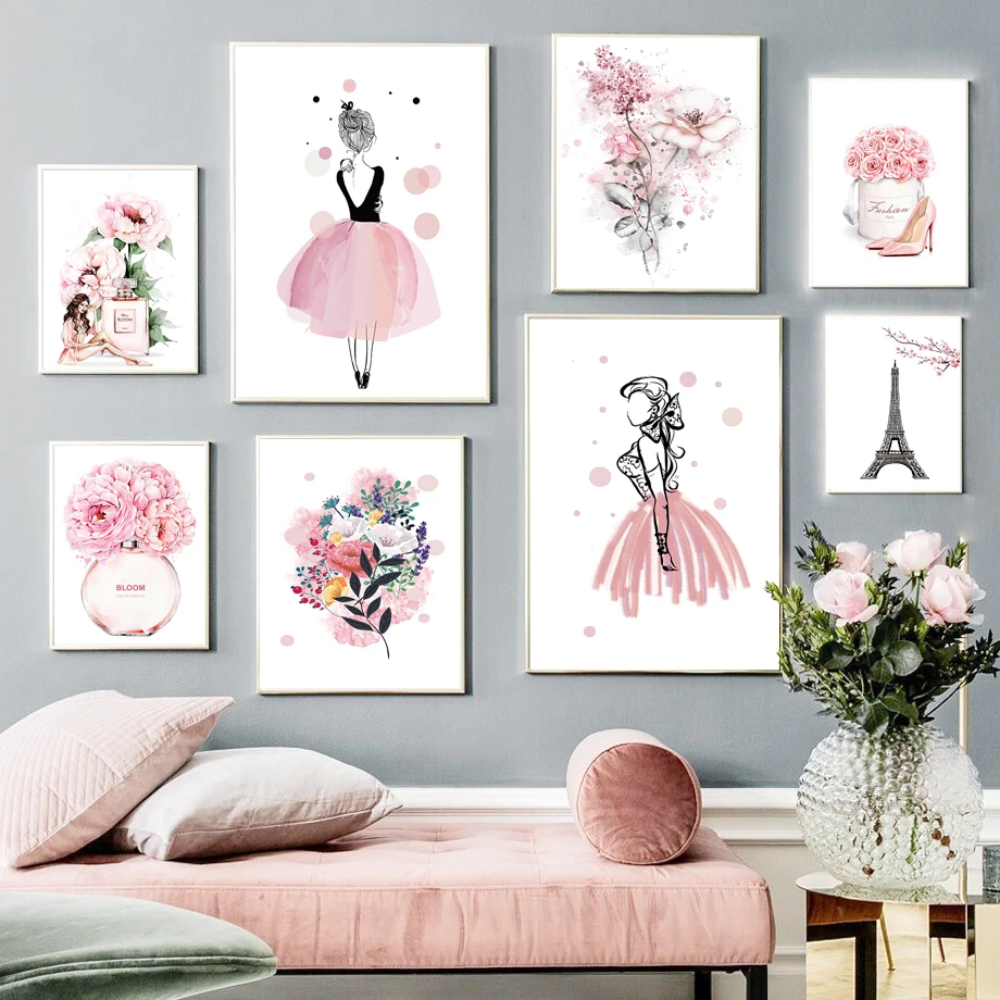 

Fashion Pink Flower Poster Perfume Bottle Paris Nordic Decorative Paintings Canvas Wall Art Picture Girl Bedroom Home Decoration