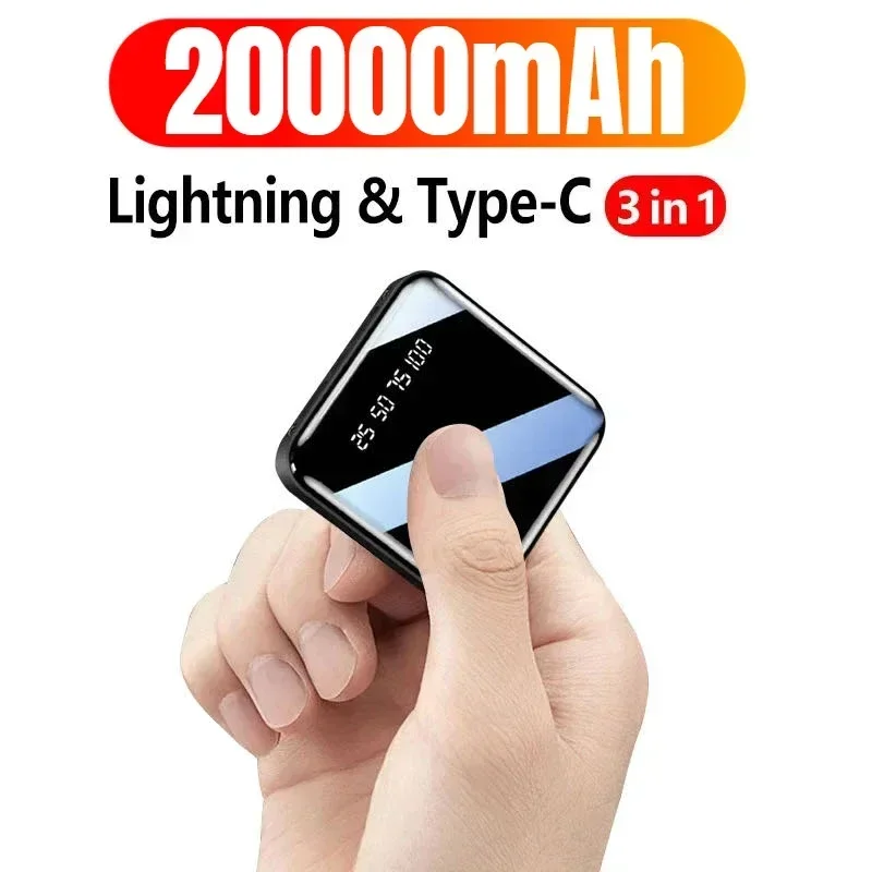 Power Bank 20000mAh Portable Charging Poverbank Mobile Phone LED Mirror Back Power Bank External Battery Pack Powerbank