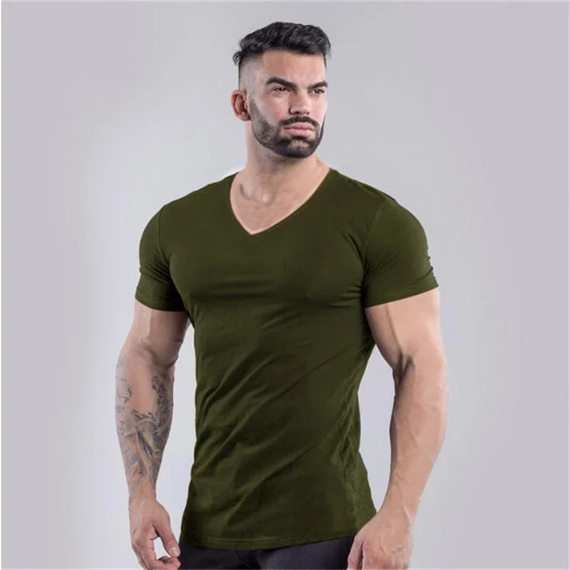 Brand Summer Cotton T-shirt Men V-neck Fashion Design Slim Fit Soild Sports T-shirts Male Tops Tees Short Sleeve T Shirt For Men