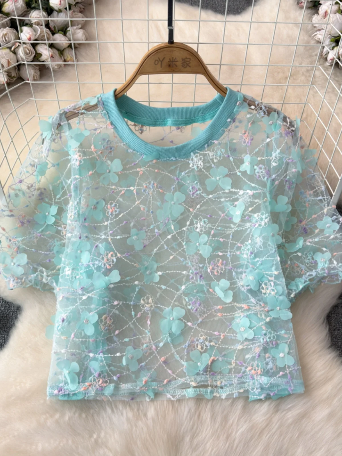 

Korean Sle Chic Lace Me Bubble Sve round Ne Women's Top Summer New Arrival Faion Commute Loose Fit ort Sve