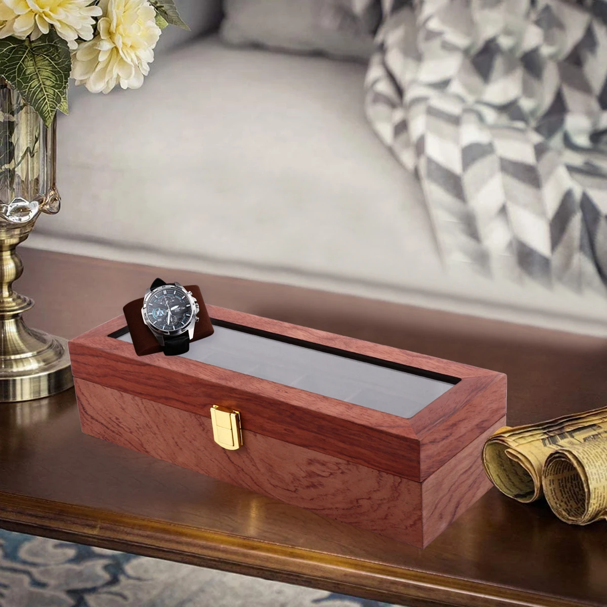 

6 Watch Storage Box Wooden Eco friendly Vintage Removable Pillows Easy Clean Transparent Window Display ganize Accessories Rings