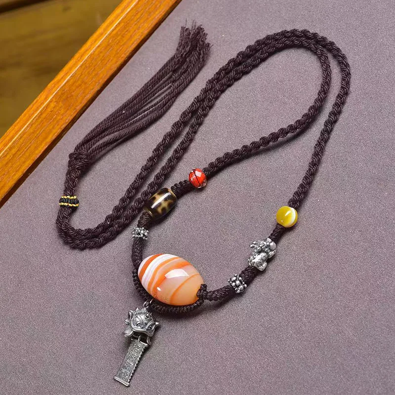 Natural silk ancient agate pendant, 999 silver Pixiu, lion awakening glass bead, and woven rope necklace