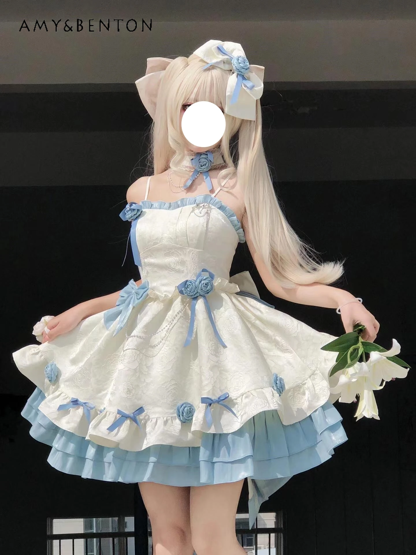 

Daily Lolita Princess Ball Gown Dress Summer New High-Grade Three-Dimensional Flower Ruffled JSK Dresses Sweet Slim Mini Dress