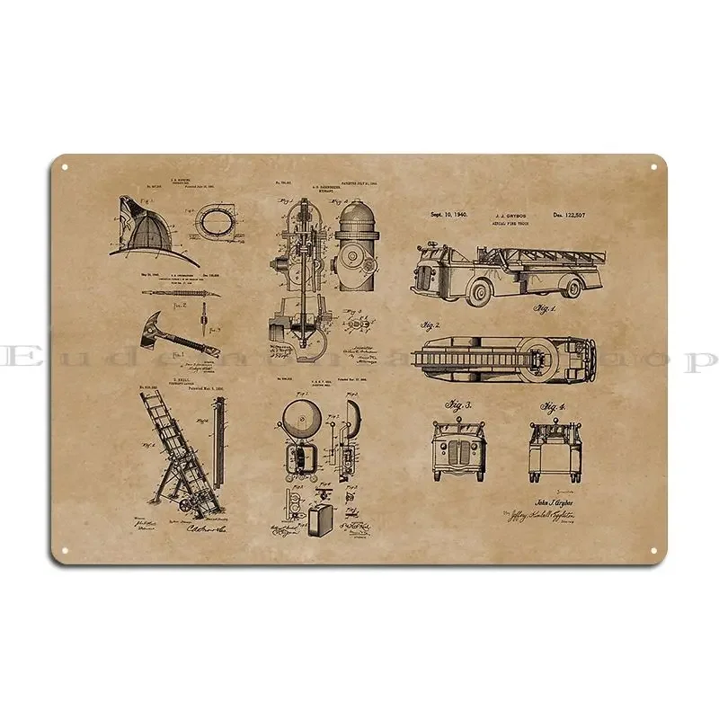 Fireman Gift Firefighting Equipment Patent Blueprints Metal Plaque Poster Plates Cinema Wall Plaque Iron Retro Tin Sign Poster