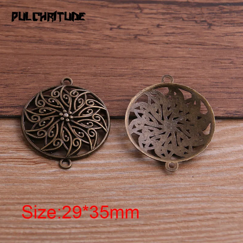 PULCHRITUDE 8pcs 29*35mm Two Color Zinc Alloy Vintage Round Flower Connectors Pendants Jewelry Making DIY Handmade Craft