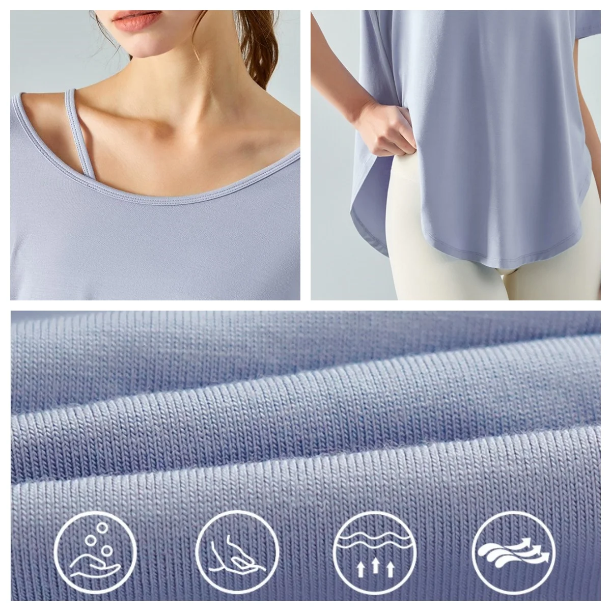 T-shirt de yoga à manches courtes pour femmes, col rond, sangle oblique, ample, avec ourlet incurvé, zone triangulaire, haut smock, logo de la marque