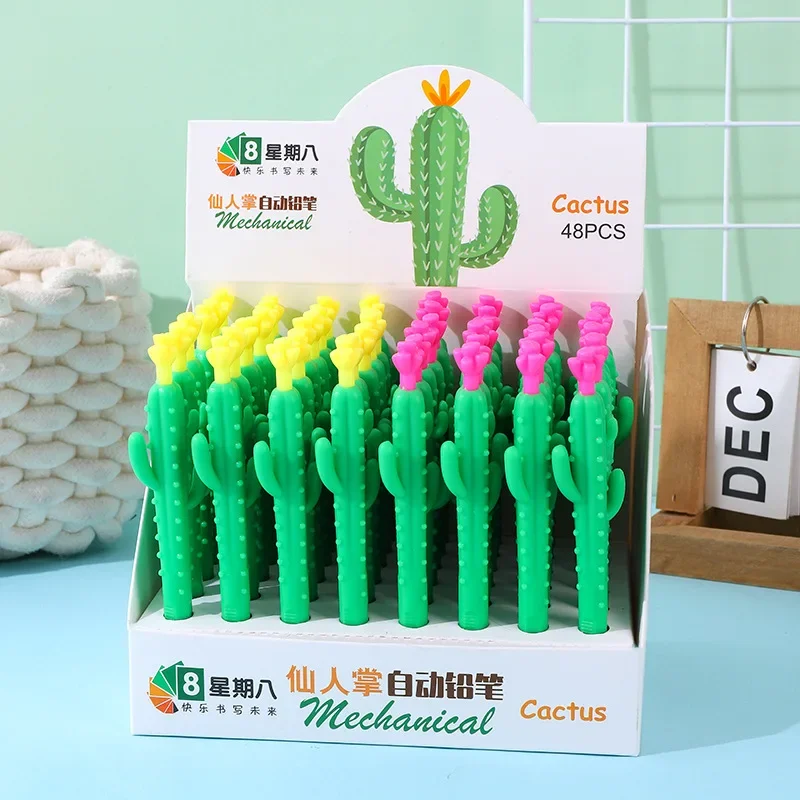 

48PCS/Set Cute Silica Gel Mechanical Pencil Cartoon Cactus 0.5mm Green Pen Korean Stationery Holder School Office Supplies Gifts