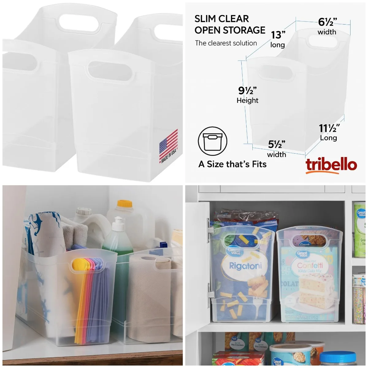 

Современный узкий прозрачный пластиковый контейнер для хранения вещей, 2 упаковки для кухонной кладовой, под раковиной, ванной комнаты и прачечной — 13 x 9 x 6 дюймов — сделано в США