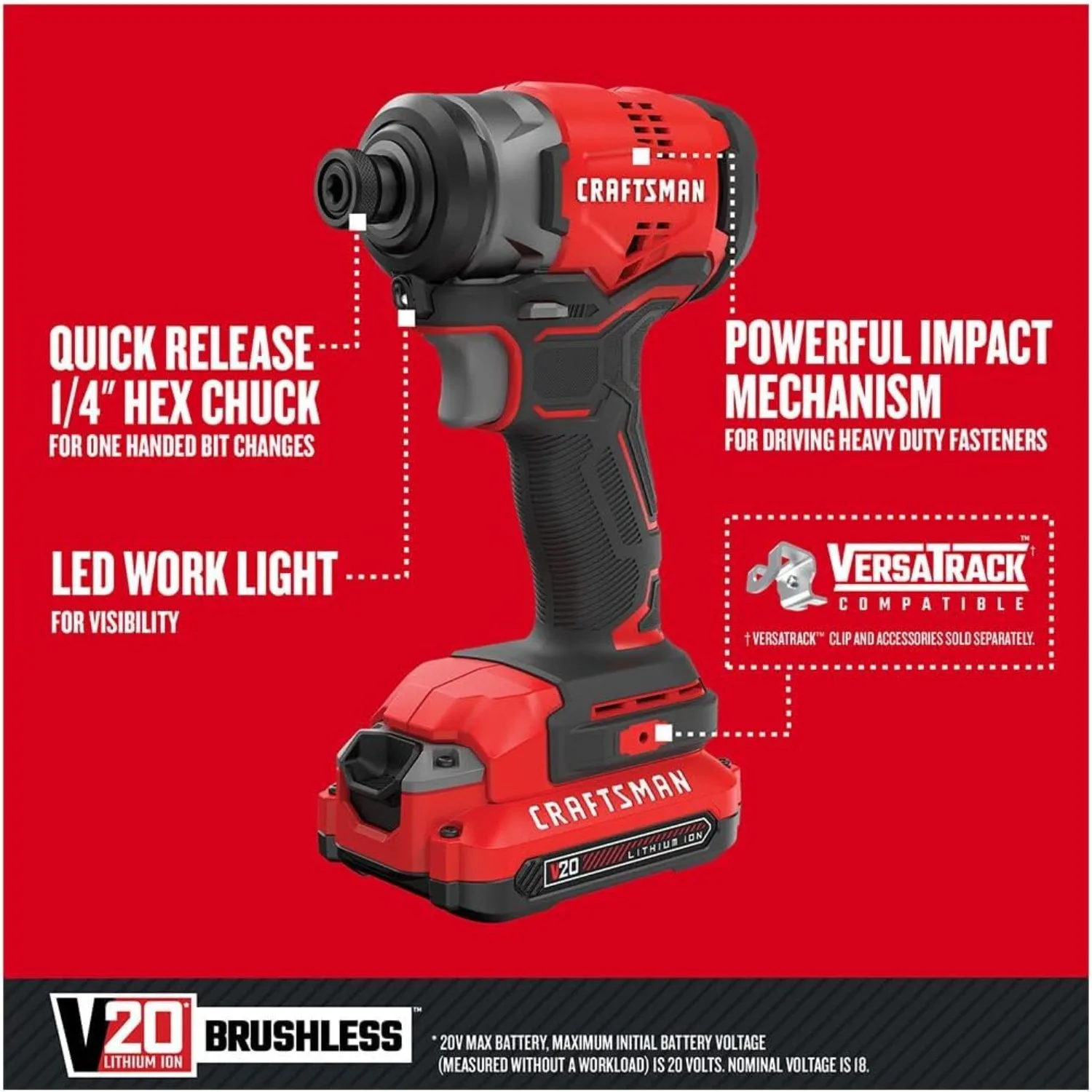 CRAFTSMAN V20 Cordless Impact Driver Kit, 1/4 inch, Battery and Charger Included (CMCF810C1)