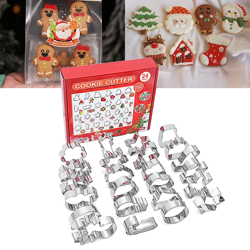 24pcs Christmas Cookie Cutters Set Stainless Steel Cookie Cutters With Snowflake, Christmas Tree, Candy Cane And More