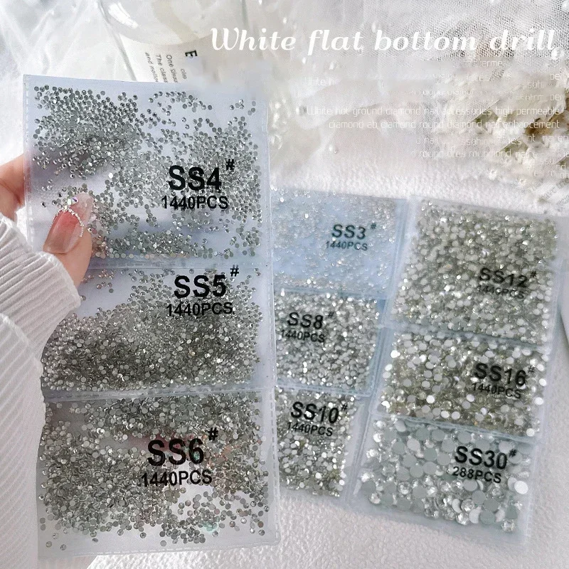 288/1440pcs/pack SS3-SS50 Crystal AB Transparent Nail Rhinestones Flat Bottom Kit Nail Decoration DIY Drill Manicure Accessories