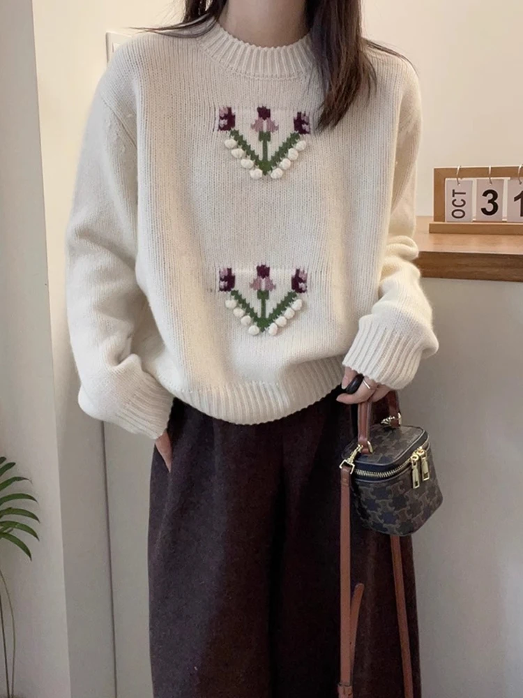 

Ele Embroidered round Ne Pullover Sweater Loose Casual Sle Autumn Winter New Arrival Women's Faion Comfortable Base...