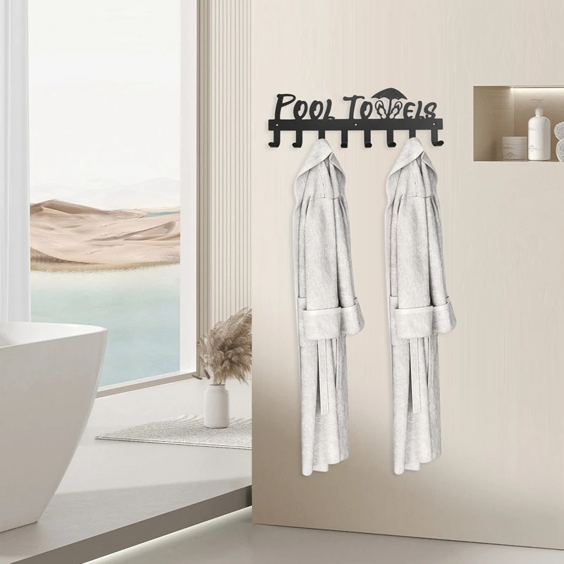 رف مناشف A21I-Pool مع 8 خطافات، حامل مناشف مثبت على الحائط للاستخدام الخارجي أو الحمام، شماعة منشفة لتعليق أردية الحمام