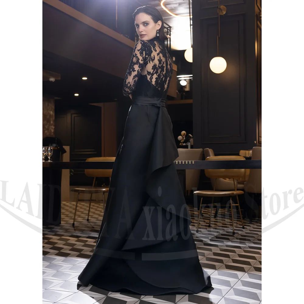 Elegante renda vestidos de noite moda apliques sereia vestidos de festa gola alta meia mangas até o chão vestidos de baile femininos