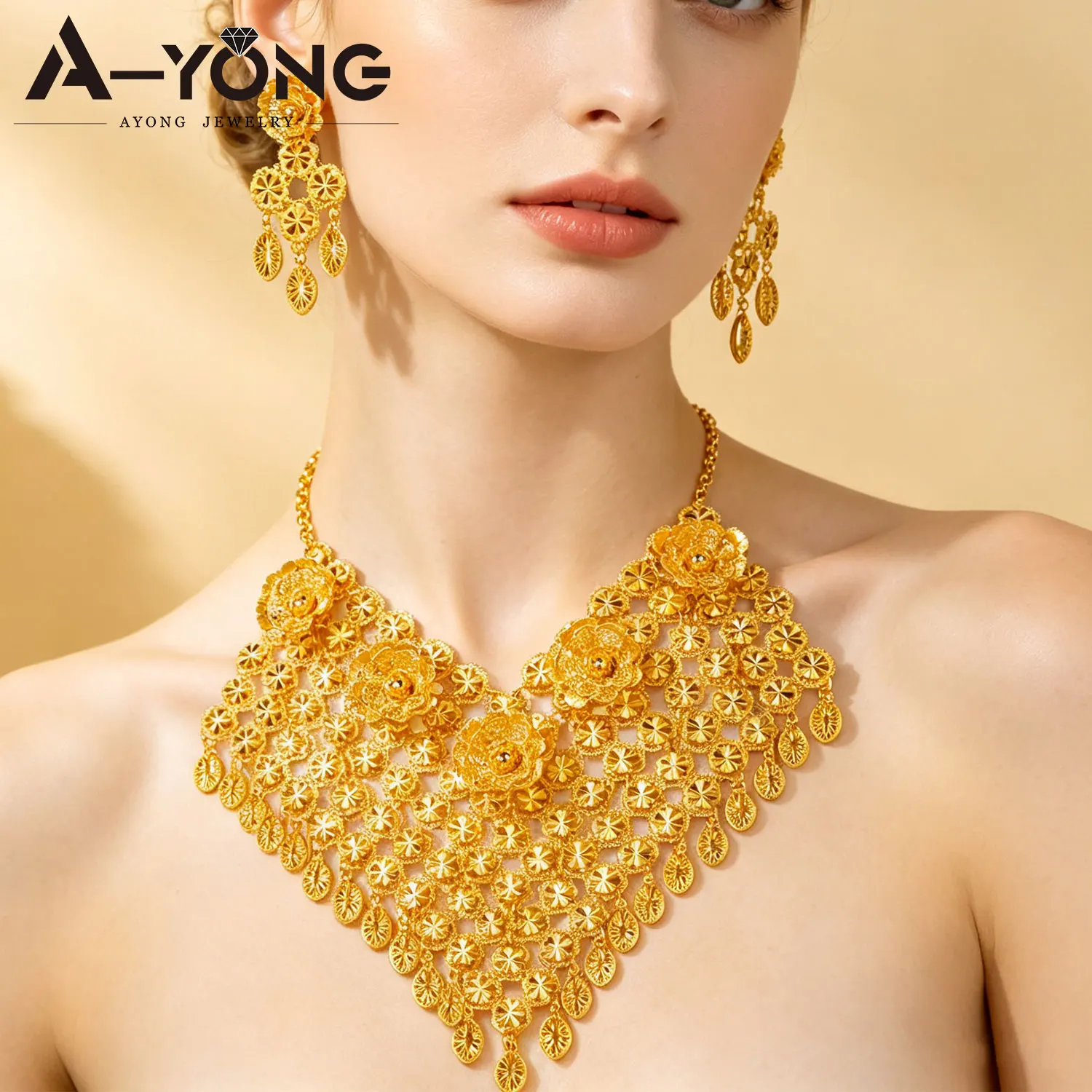 Luxuriöses Afrikanisches Traditionelles Schmuckset Äthiopische Goldfarben Ethnische Halskette Ohrringe Habesha Frauen Braut Hochzeitsschmuck – Detail 2