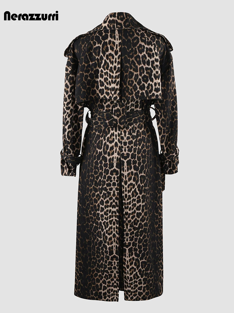 Nerazzurri Autumn Extra Long Oversized Leopard Print Trench Coat for Women with Back High Slit Double Breasted European Fashion