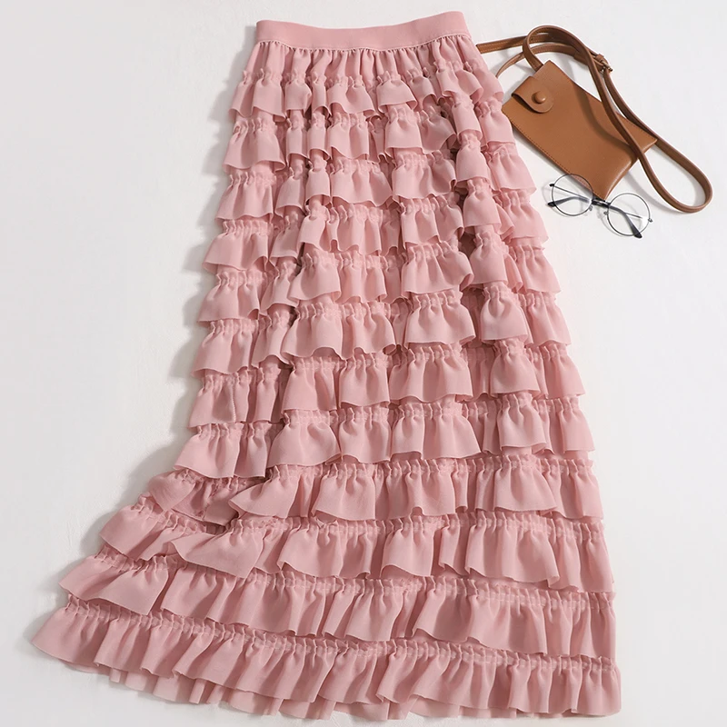 ITOOLIN Women Chic Ruffles Chiffon Skirt Elegant Office High Waist Cute Skirt Casual For Women Party Mid Length Skirt Summer