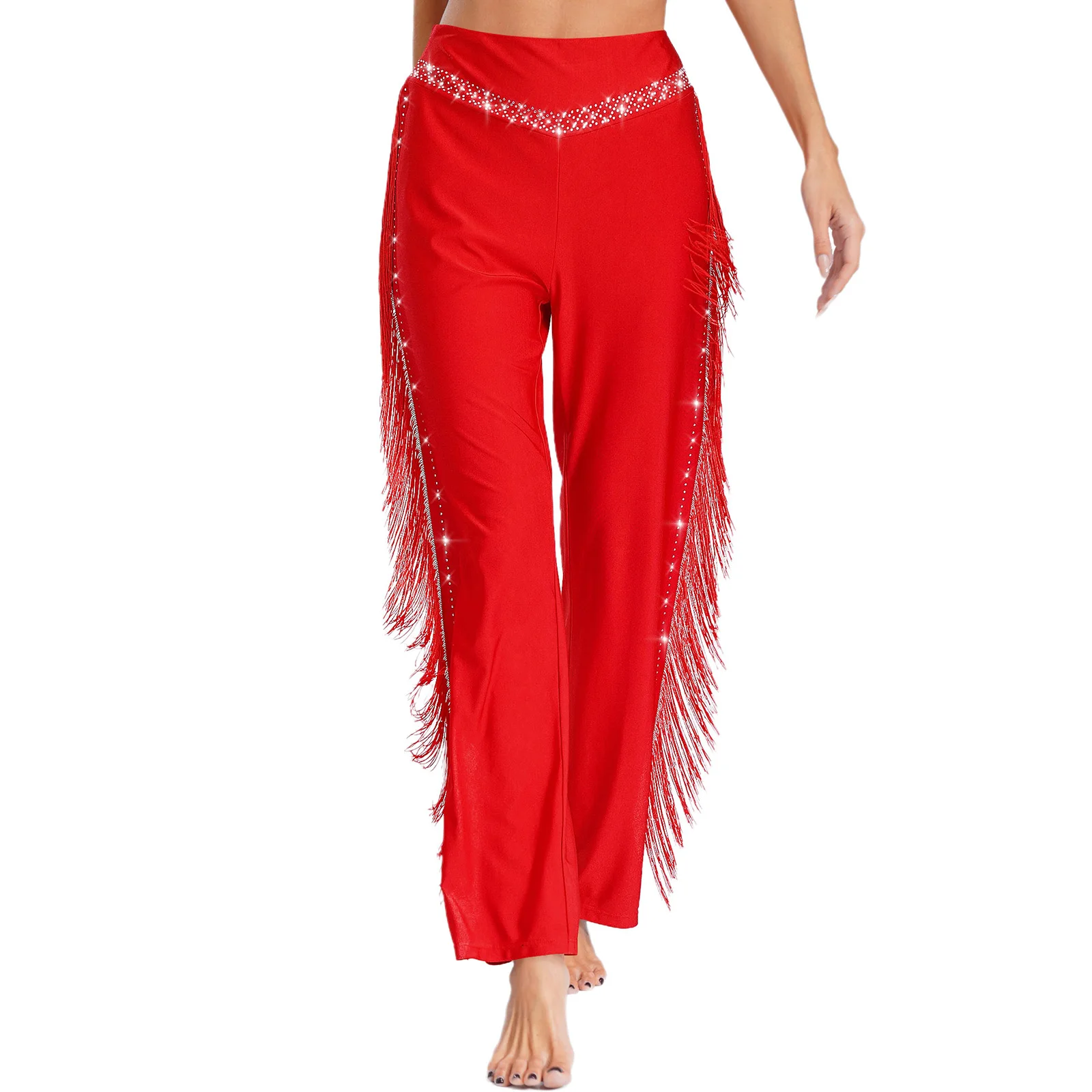 

Womens Latin Dance Costume Elastic Waistband Tassels Shiny Rhinestones Pants Dancewear for Salsa Cha-Cha Competition Performance