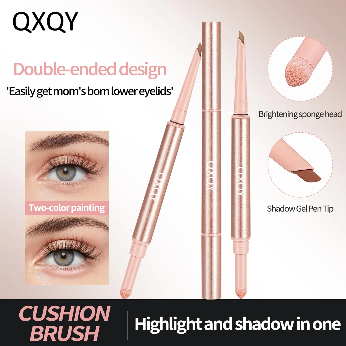 QXQY Stylo à double embout effet ver à soie avec tête pinceau, maquillage rose fleur de pêcher pour un regard plein de vie et des yeux volumineux en 3D
