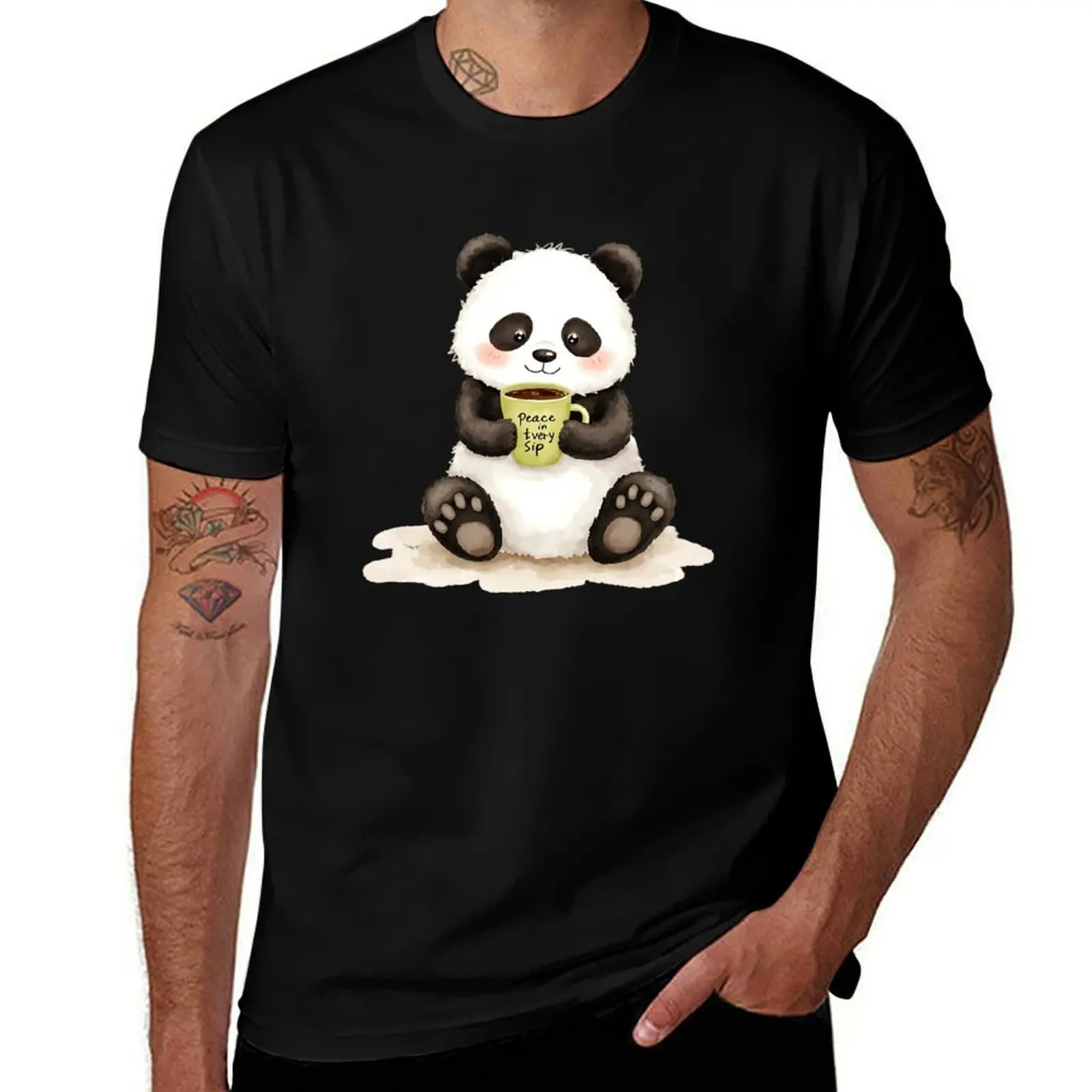 Peace in Every Sip - Cute Panda & Coffee T-Shirt summer 2025 cotton graphic tees luxury t-shirt t shirts for men graphic