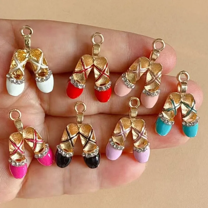 10pcs diy jewelry accessories gold-color alloy enamel rhinestone ballet shoes charms pendant for bracelet