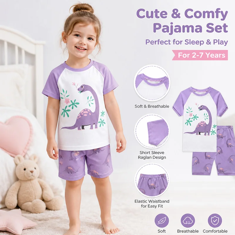 Little Hand Girls Summer Pajamas Toddler Short Sets Sleepwear Cute Dinosaur 2 Pcs Clothes 100% Cotton for 2-7 Years