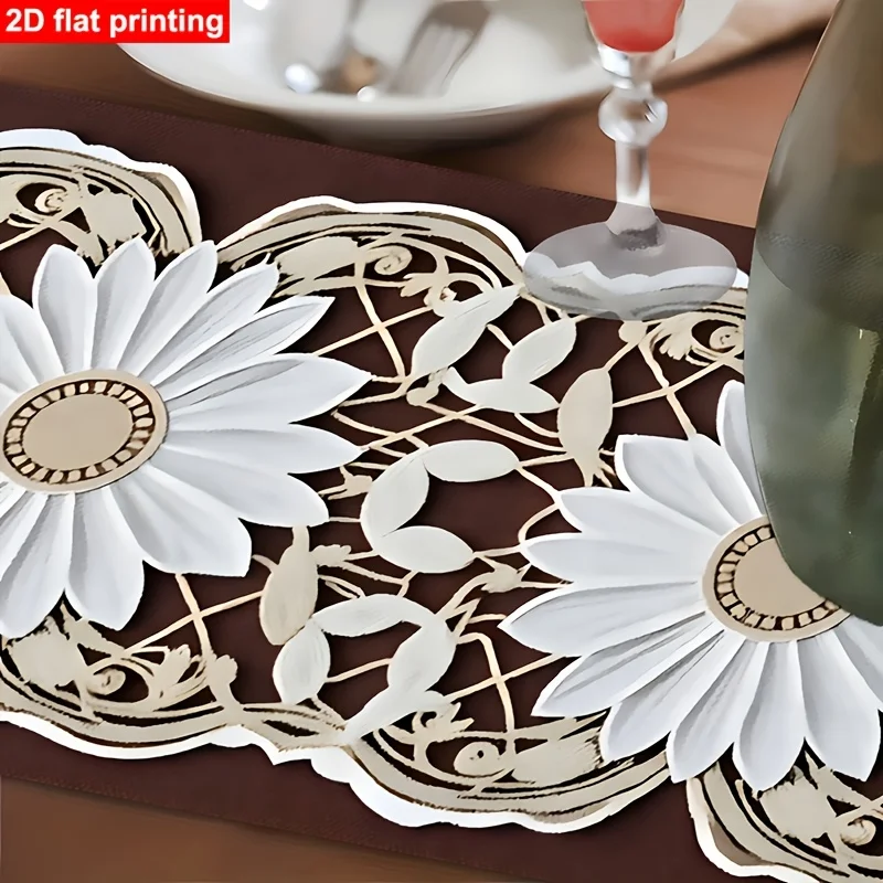 Lace Pattern Art Linen Table Runner Coffee Table Decor Ideal for Festival Party Home Decor Durable Linen Fabric Flat Print