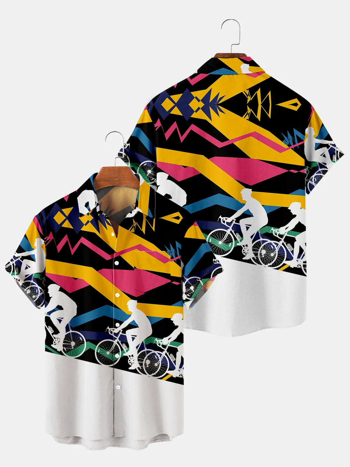 

2024 Short Sleeve Hawaiian Shirt Bike Riding Pattern Men's Digital Printing Button Quick Dry Shirt Summer Beachwear