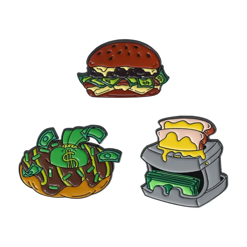 Exaggerated Hamburger Toast Dollar Doughnut Brooch Enamel Pins for Backpack Tag Gifts