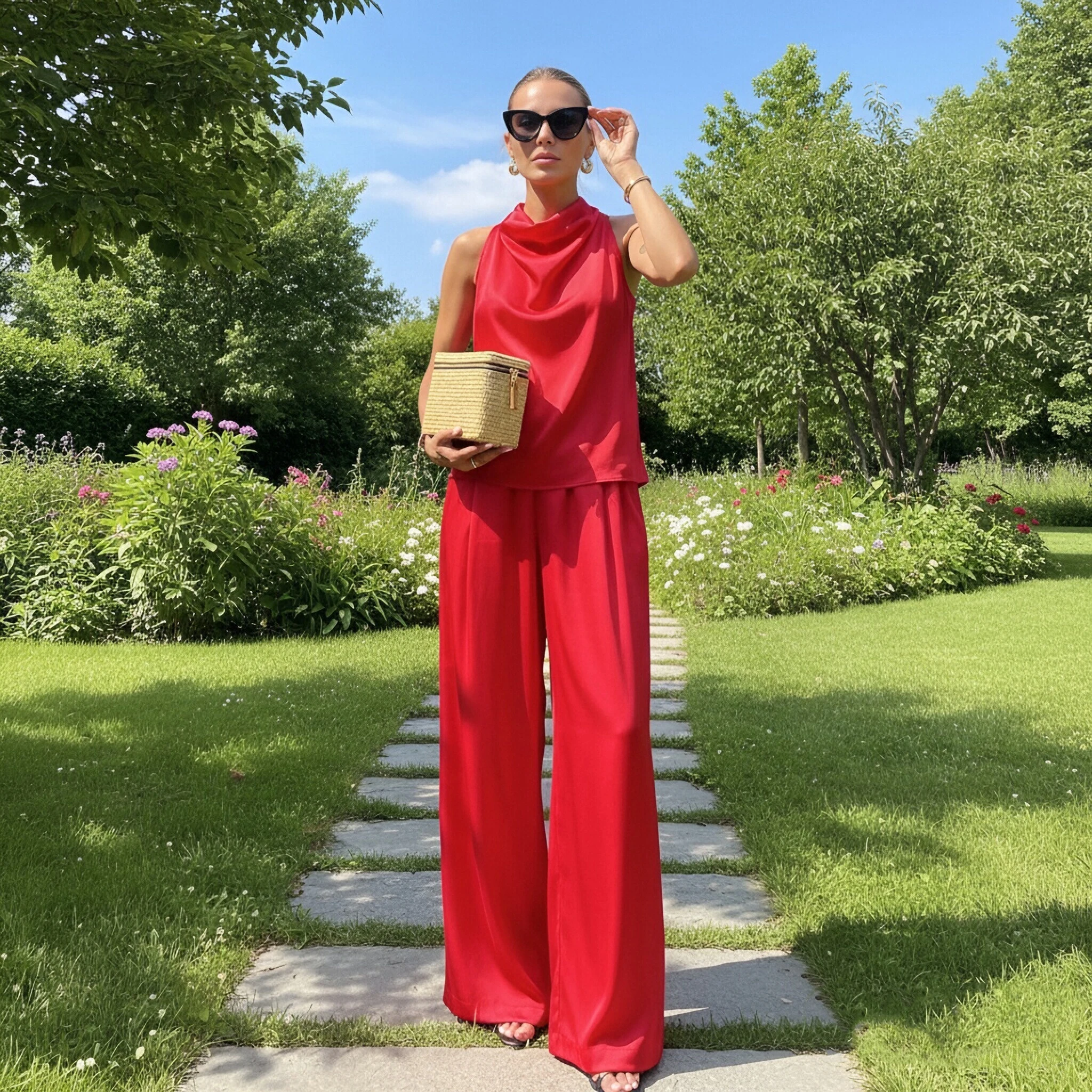 Women Beige Satin Pants Set Asymmetric Hem Open Back Halter Neck Blouse Mid-rise Straight Long Trousers Summer Suits