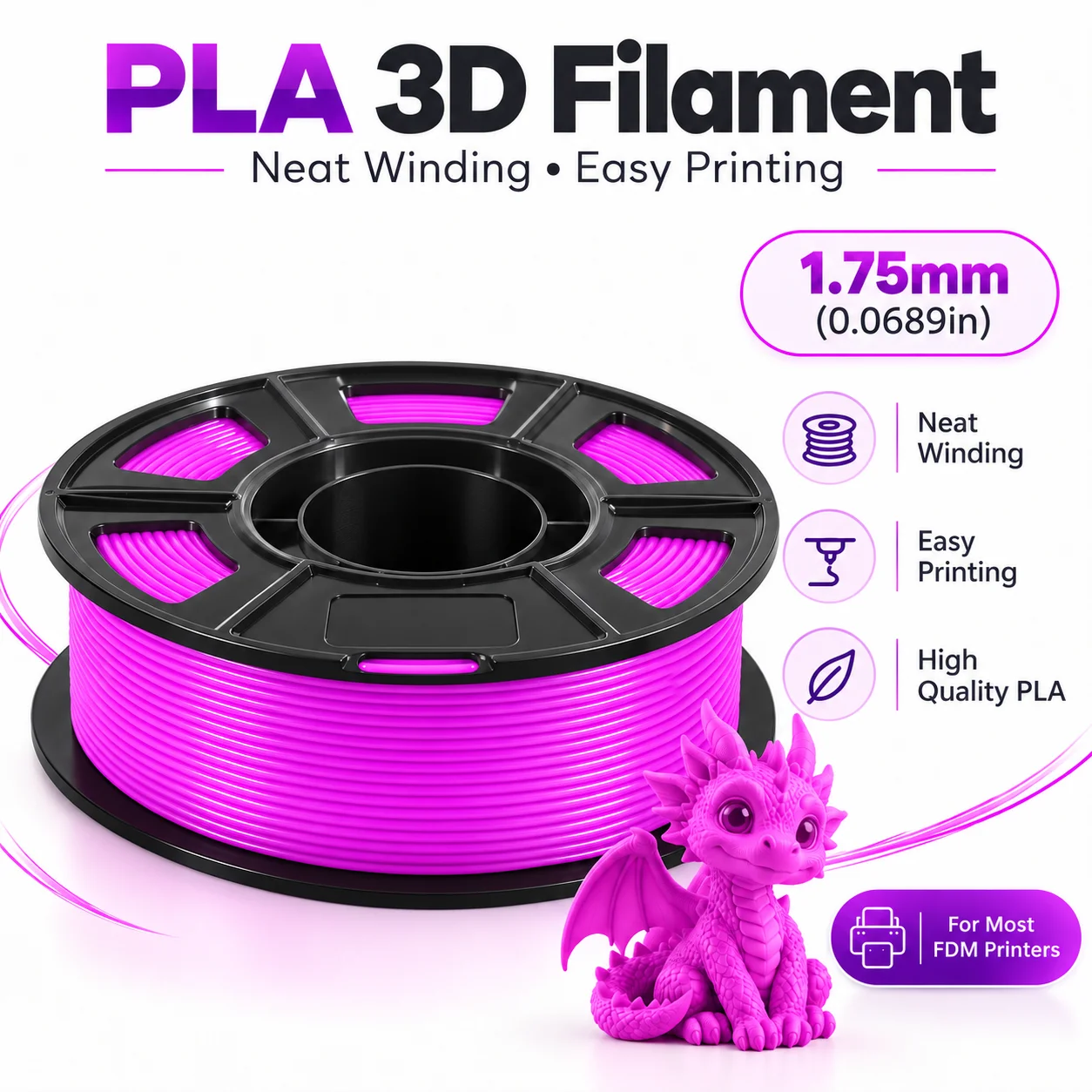 Luminous Purple PLA 3D Filament, Glow in Dark, 1.75mm (0.0689in), 200g, Nozzle 190-210℃, Print Bed 0-60℃ for FDM 3D Printers