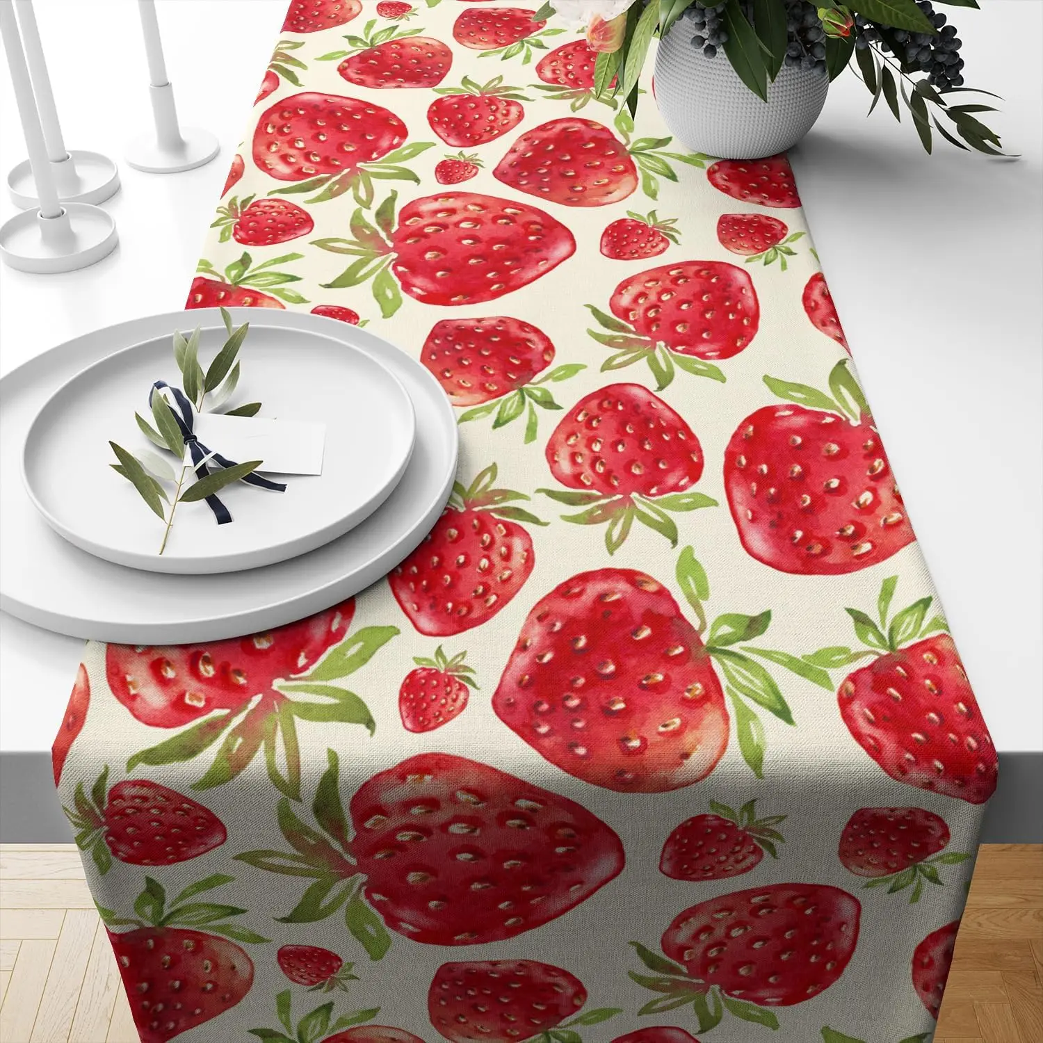 Summer Strawberry Fruit Linen Table Runner Party Decor Reusable Farmhouse Kitchen Dining Table Runner Wedding Decorations