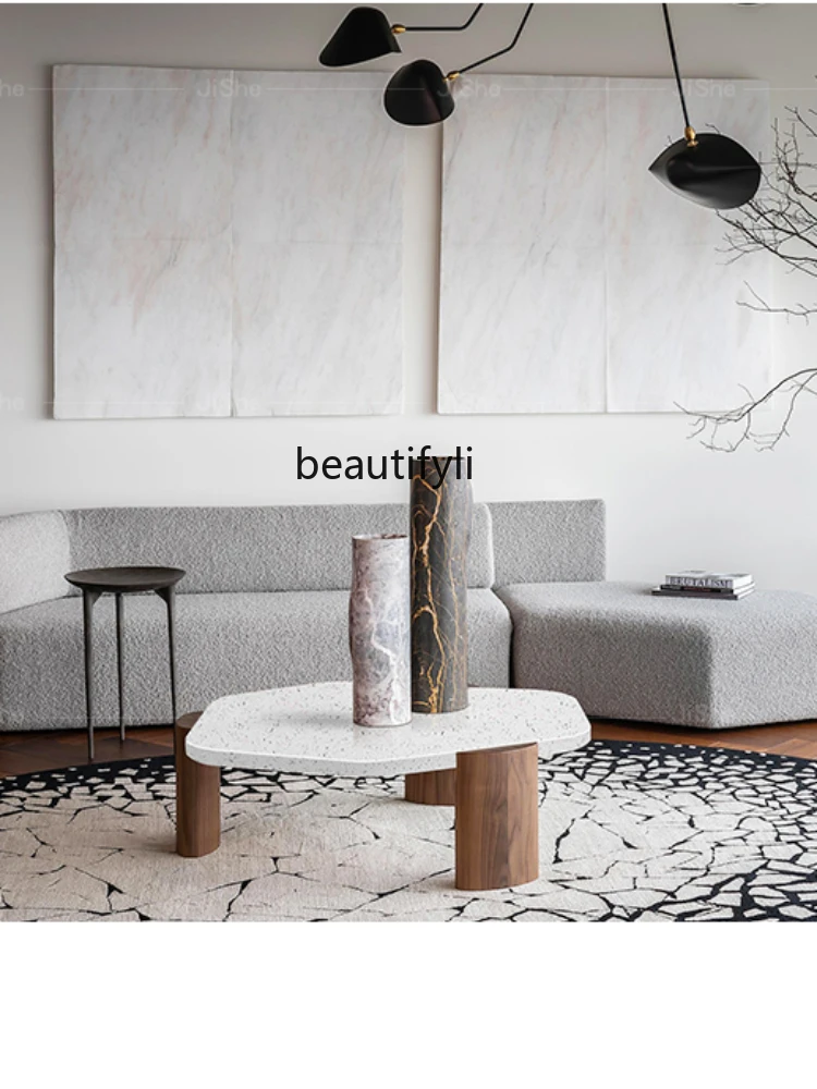 Nordic Designer Advanced Polygon Marble Terrazzo round Tea Table Solid Wood Combination furniture living room  coffee table