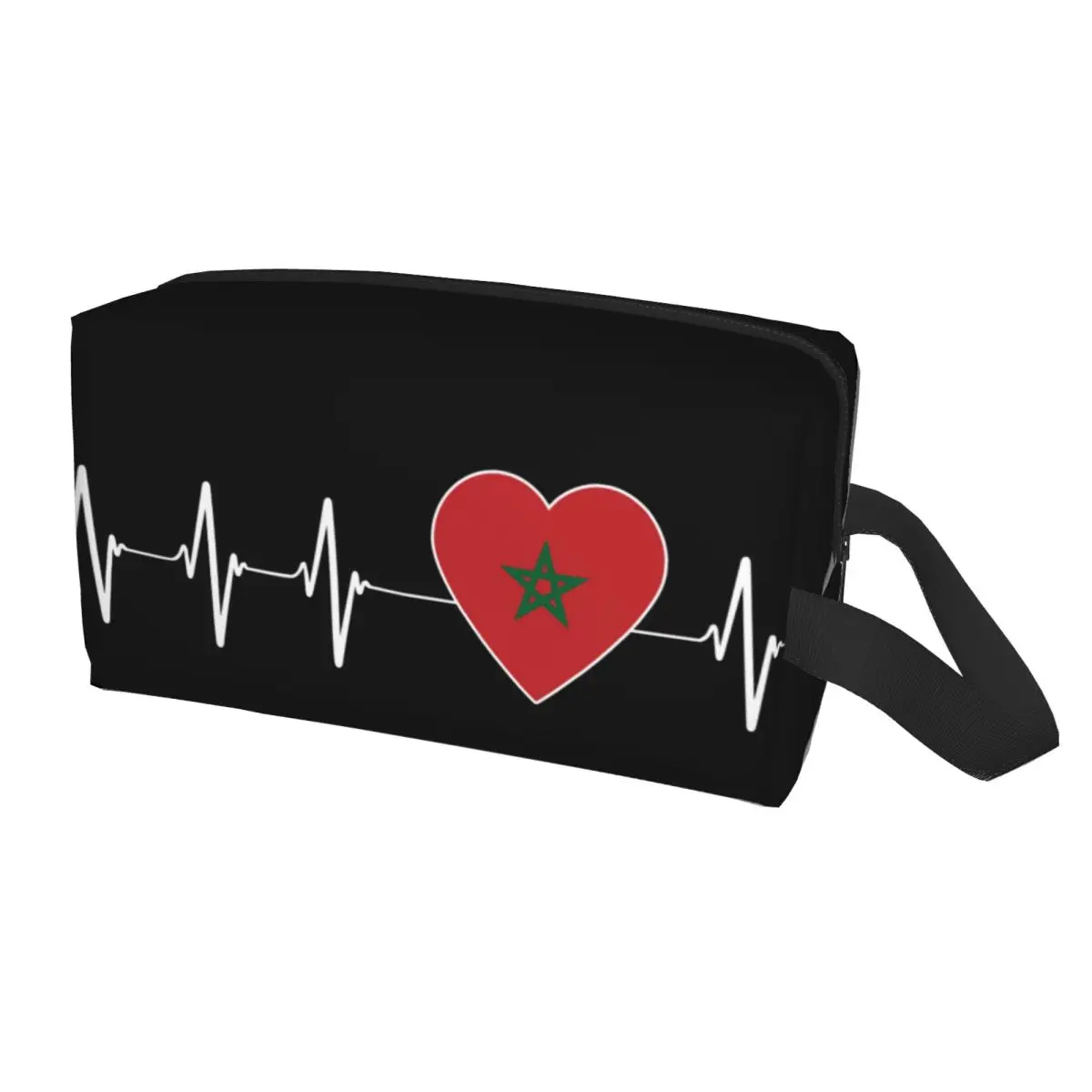 Custom Heartbeat Morocco Country Flag Makeup Bag for Travel Cosmetic Organizer Cute Moroccan Heart Family Storage Toiletry Bags