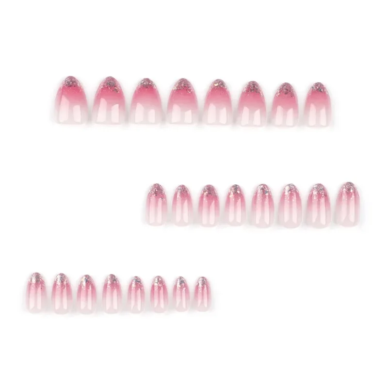 24pcs Oval Medium Glitter Sequins Detachable Finished False Nails Press on Nails with Glue Pink Gradient French Short Fake Nails