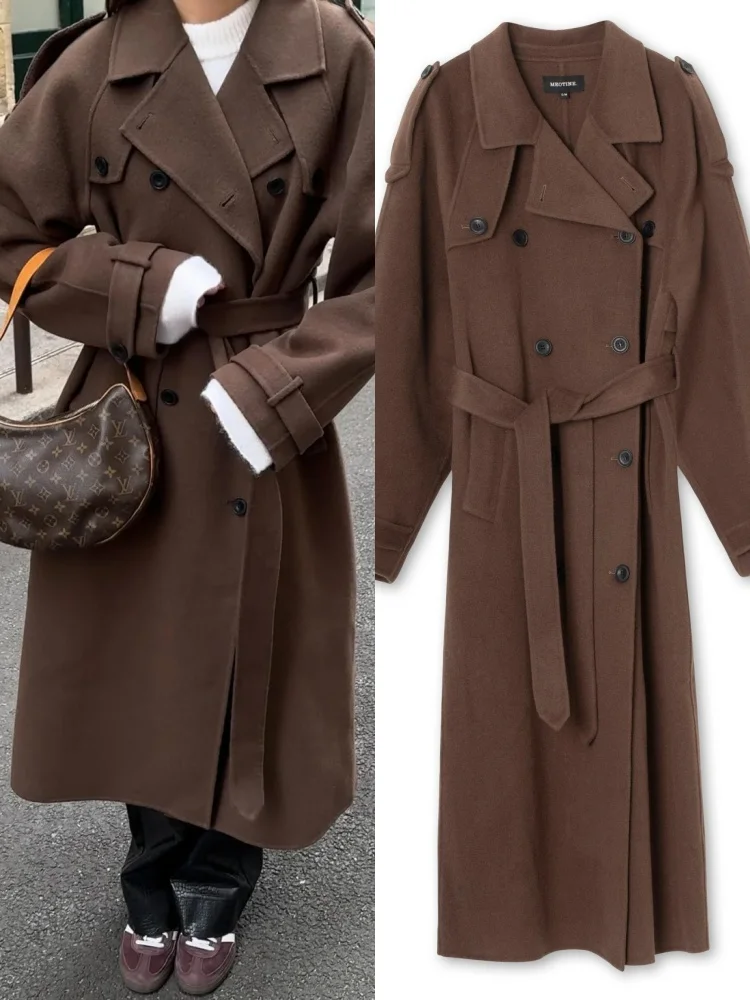 

Vintage Full Sleeve Long Coats Women Casual Lapel Double-breasted Loose Overcoat With Belt New Autumn Winter Female Streetwear