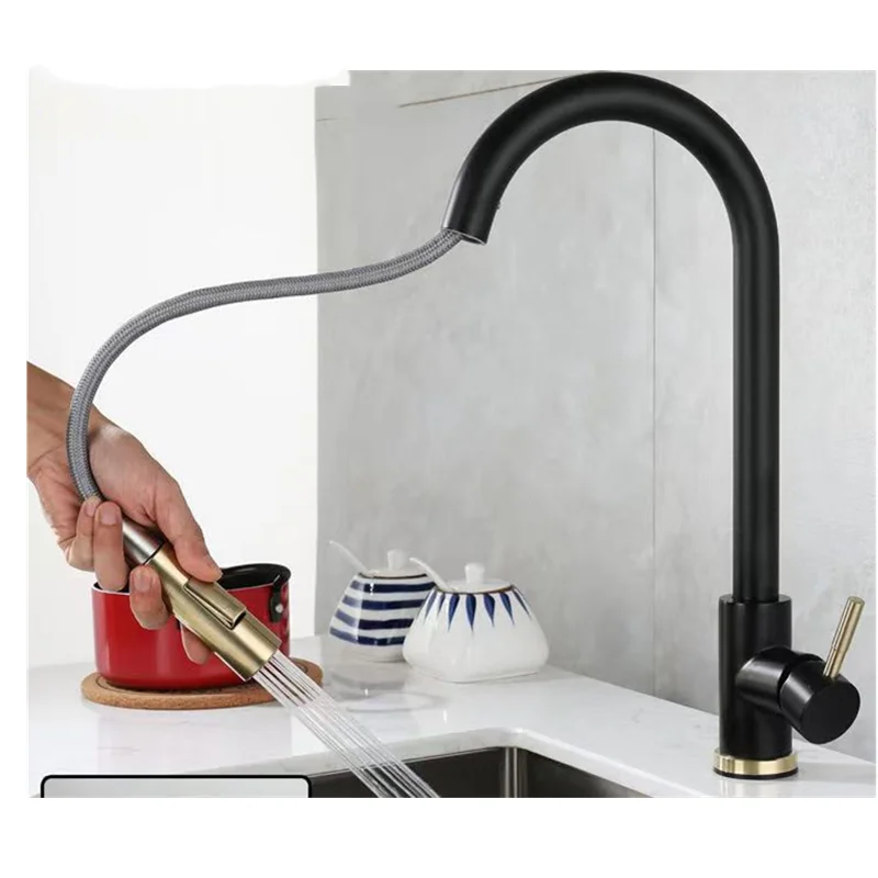 Black Kitchen Faucet Flexible Pull Out 2 Modes Nozzle Hot Cold Water Mixer Tap Deck Mounted Sprayer and Stream SUS 304 Faucets