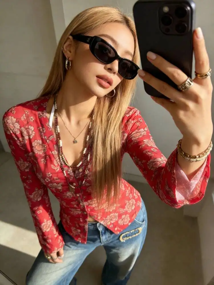 Hot Deals 2026 Korean Elegant V Neck Ruched Button Shirts Women's Y2k Floral Print Long Sleeve Blouse Vintage Slim Fit Top