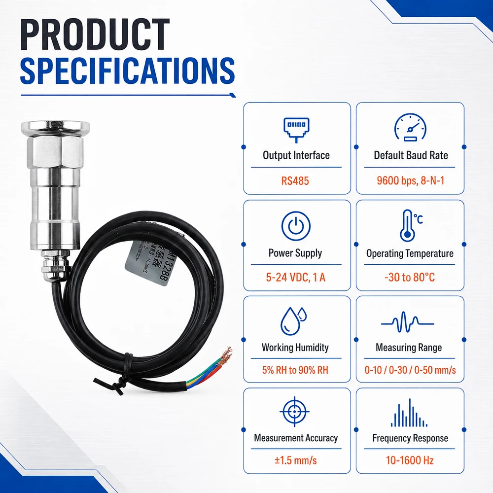 0-50mm/s Temperature Vibration Sensor Three-Axis Integrated RS485 Stainless Steel Vibration Transmitter for Water Pumps and Fans