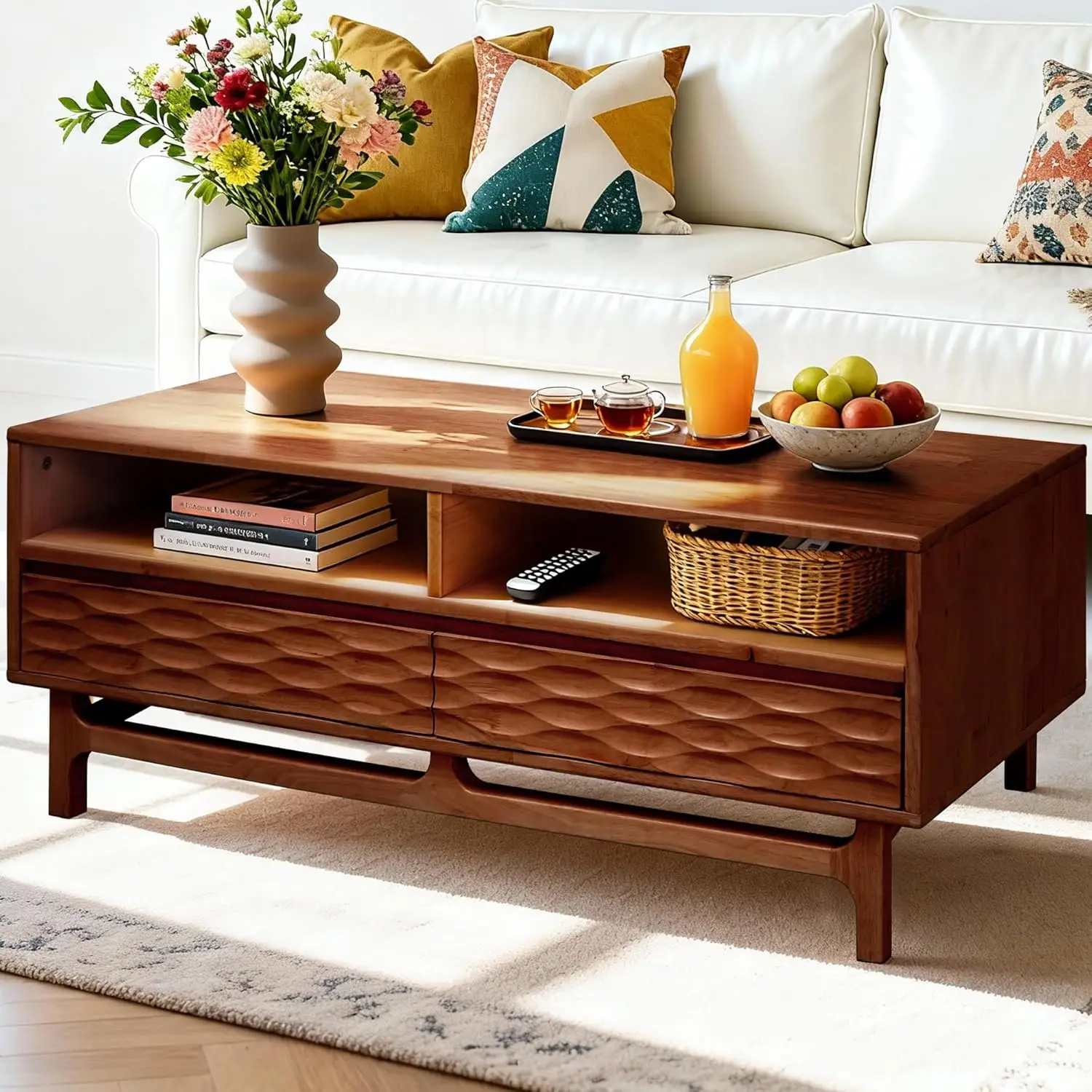 

47.2" Coffee Table Drawers Open Storage Rubberwood Mid-Century Walnut Living Room Home Office, Customized