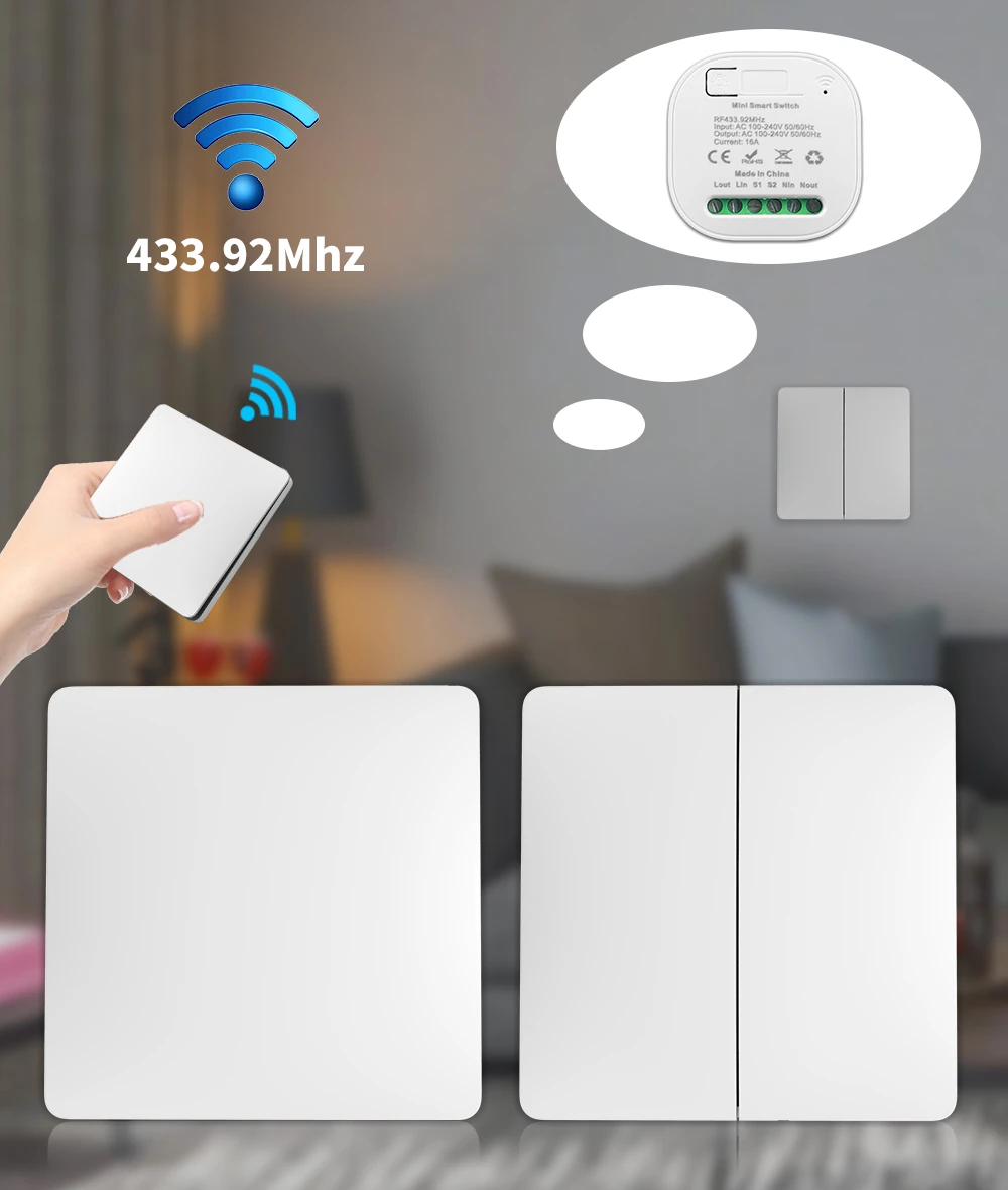 Manhot RF433Mhz Wireless Smart Wall Switches No Battery Required Self-Powered Waterproof Remote Control Light Switch 16A Home