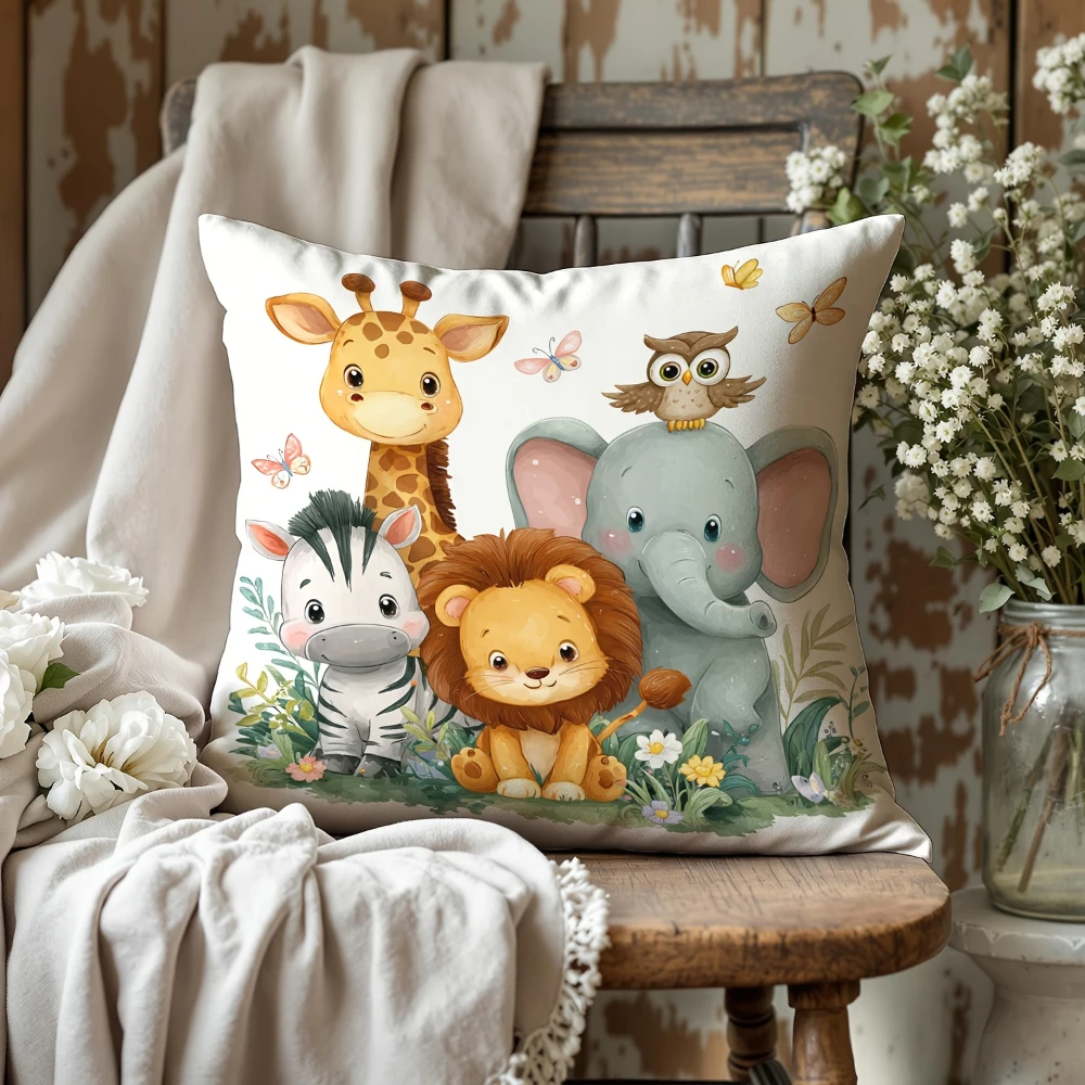 1PC Throw Pillow Cover,Jungle Animal Giraffe Lion Elephant Print,Cute Cartoon Style,For Sofa Bedroom Couch Home Decor
