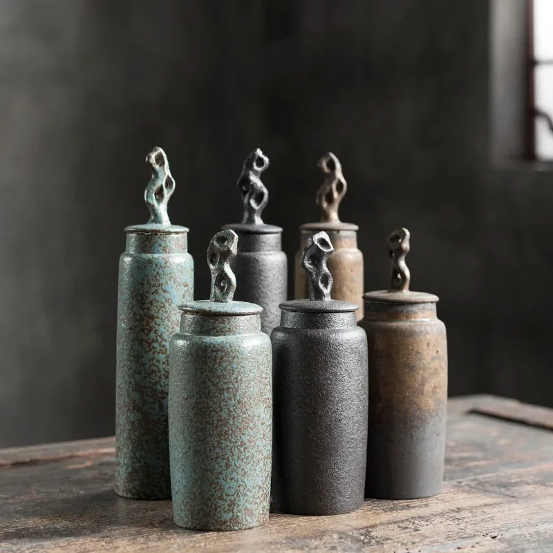Chinese Stoneware Sealed Tea Caddy Storage Jar Cylindrical Kitchen Canisters Set Long Tube Hollow Coral Cover Tea Organizer