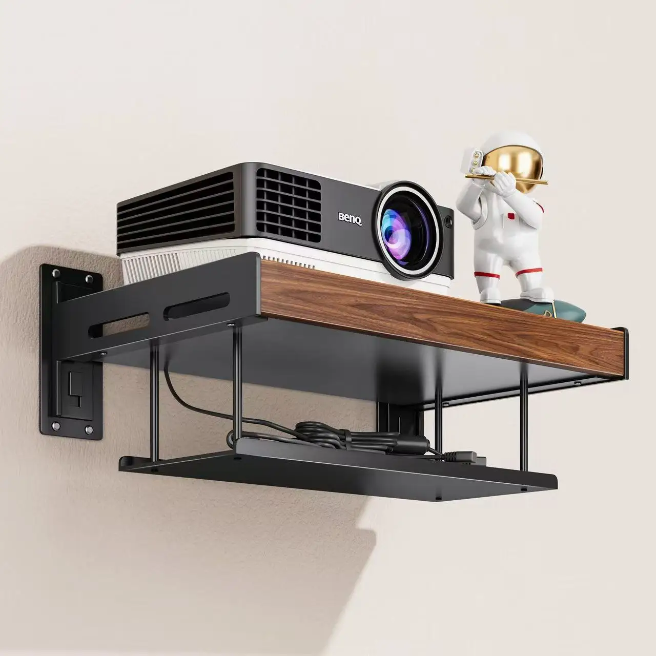 Carbon steel wall-mounted projector stand vintage large waterproof bedside table in walnut finish, suitable for bedrooms