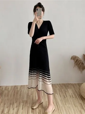 maternity-lace-hollow-out-knitted-ice-silk-long-dress-women's-summer-knee-length-pleated-gown-high-elasticity-a-line-skirt