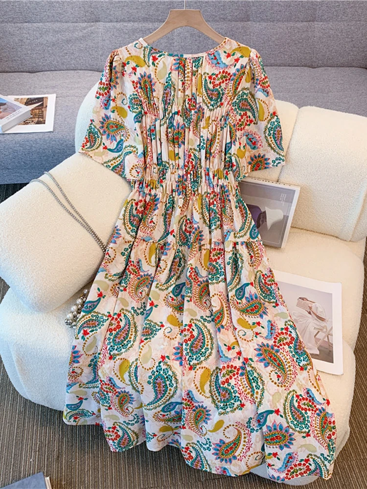 NYFS حجم كبير فستان نسائي صيف 2025 فضفاض مرونة الخصر قصيرة الأكمام بوهيميا فساتين طويلة رداء Elbise النمط الكوري #2